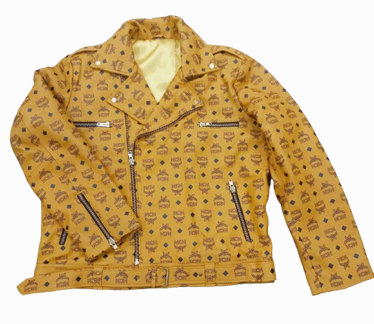 MCM Men's yellow biker Leather Jacket | Men's designer inspired motorcycle leather jacket