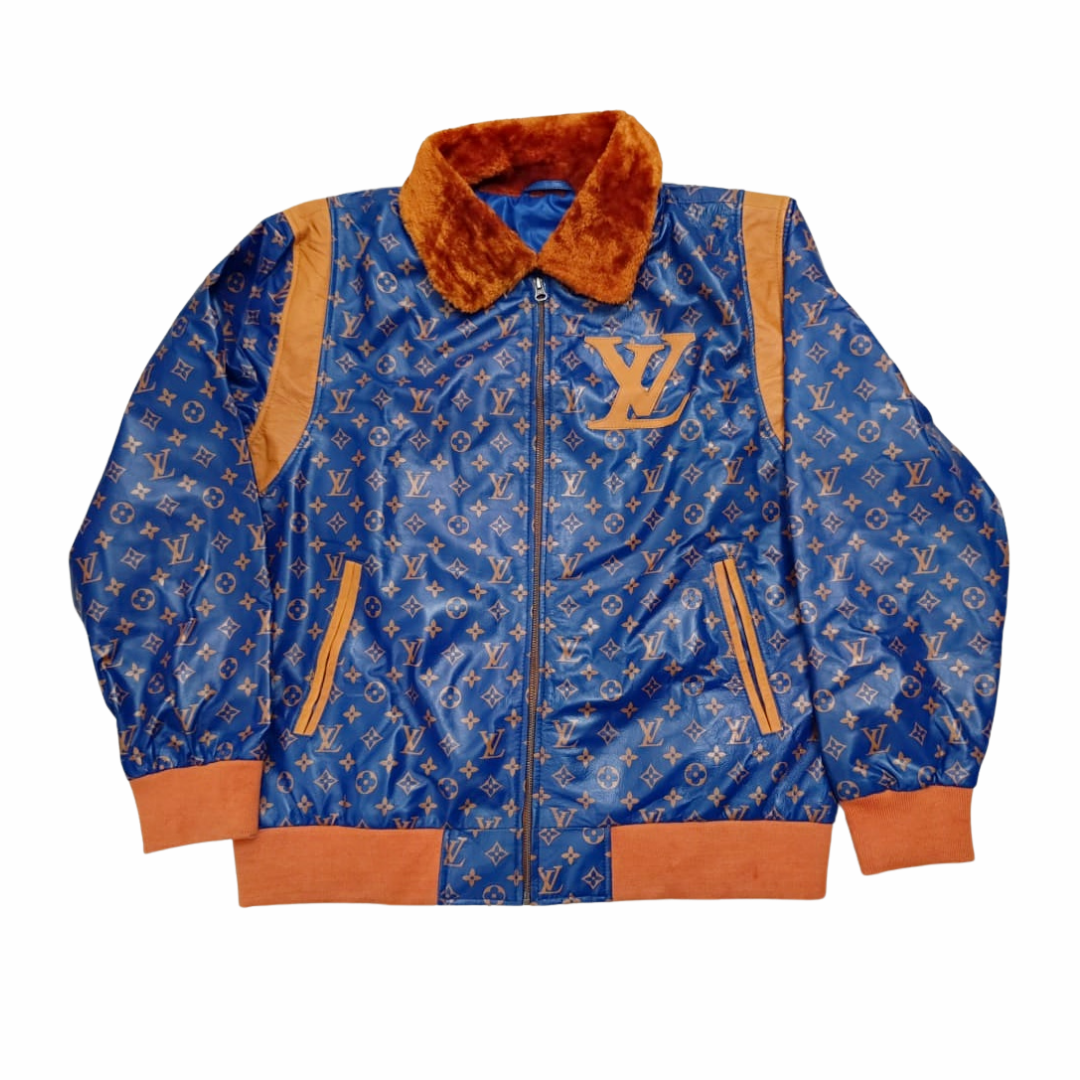 LV monogrammed Blue Bomber Leather Jacket