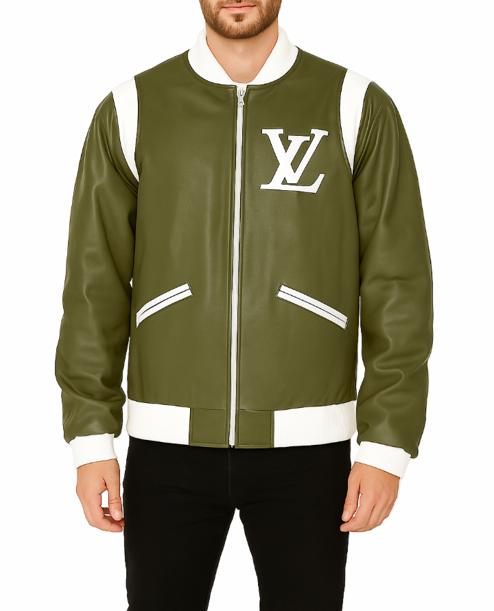 Man wearing a green bomber jacket with Louis Vuitton logo on a white background