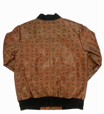 Mcm print designer inspired brown bomber jacket for men. Brown classic aviator style bomber leather jacket for men. custom size and custom designing available.