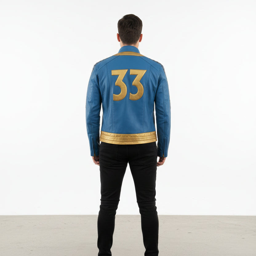 Person wearing a blue jacket, fallout vault costume with the number 33 on the back against a white background