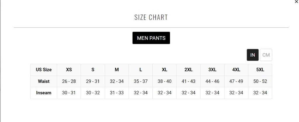 men's leather pants size chart USA