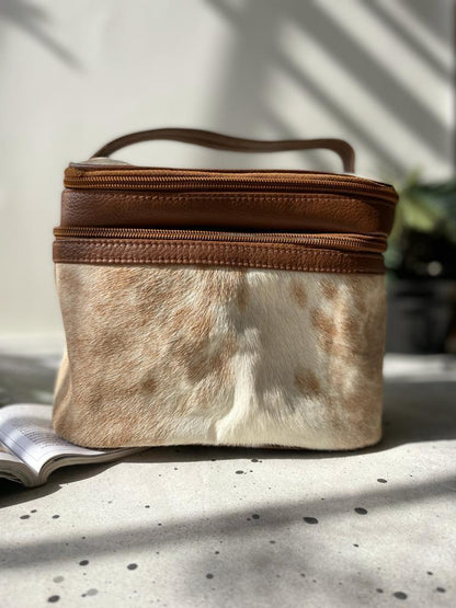 Exquisite Cowhide Leather Makeup Bag Beige Travel Makeup Bag