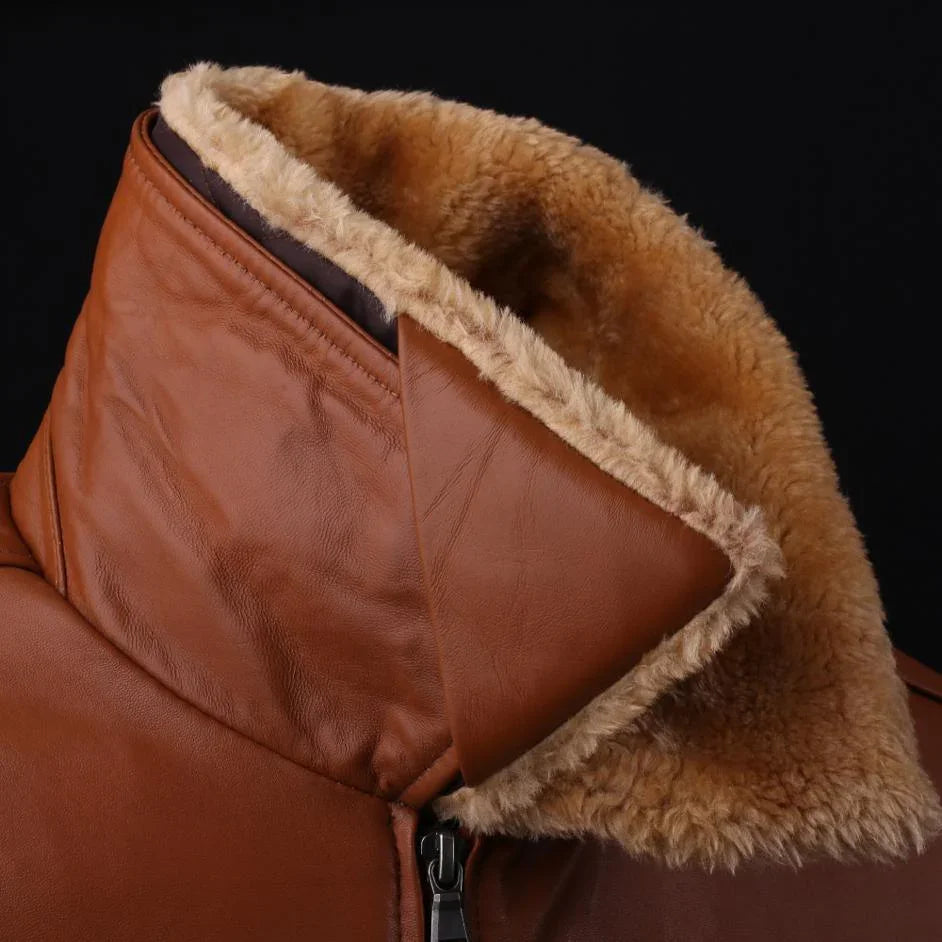 Premium Leather Bomber Leather Jacket Men With Sheep Fur Collar