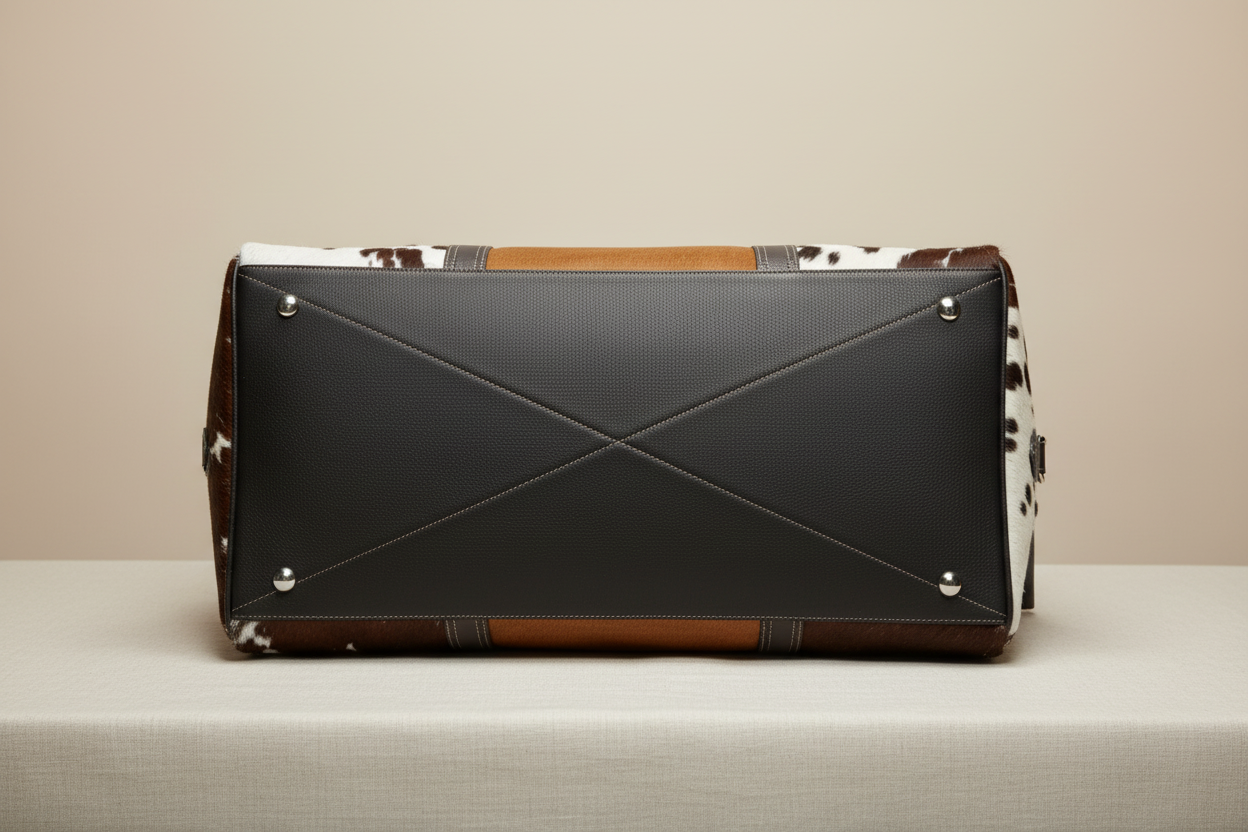 botto angle of a cowhide leather duffel bag