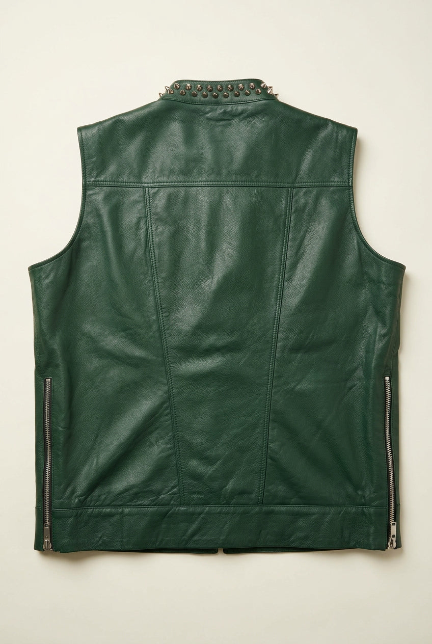 Men's Green Studded Biker Leather Vest