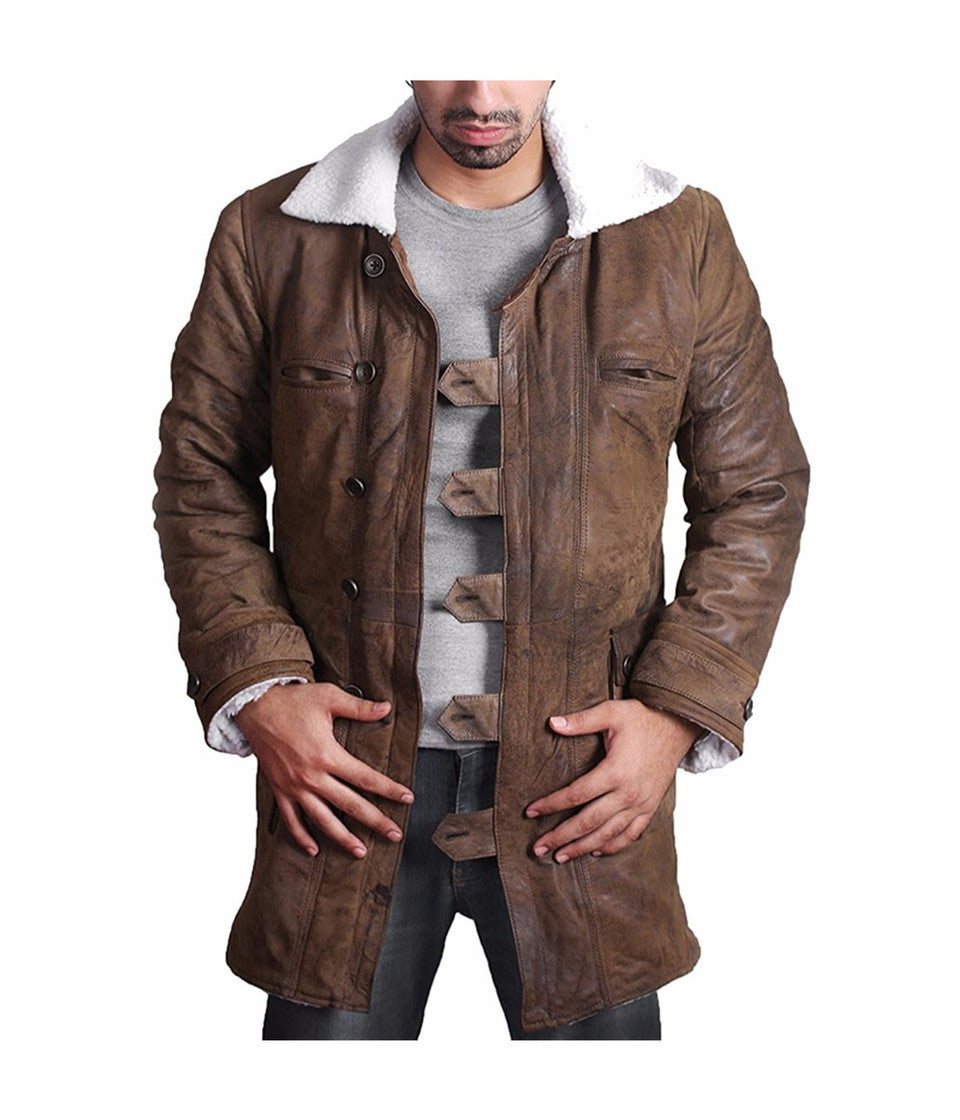 ORIGINAL BANE COAT IN DISTRESSED BROWN COLOR LEATHER. TRENCH COAT FROM THE MOVIE THE DARK KNIGHT RISES