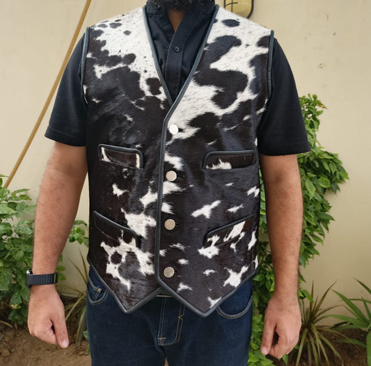 men wearing black and white cow print real cowhide vest  