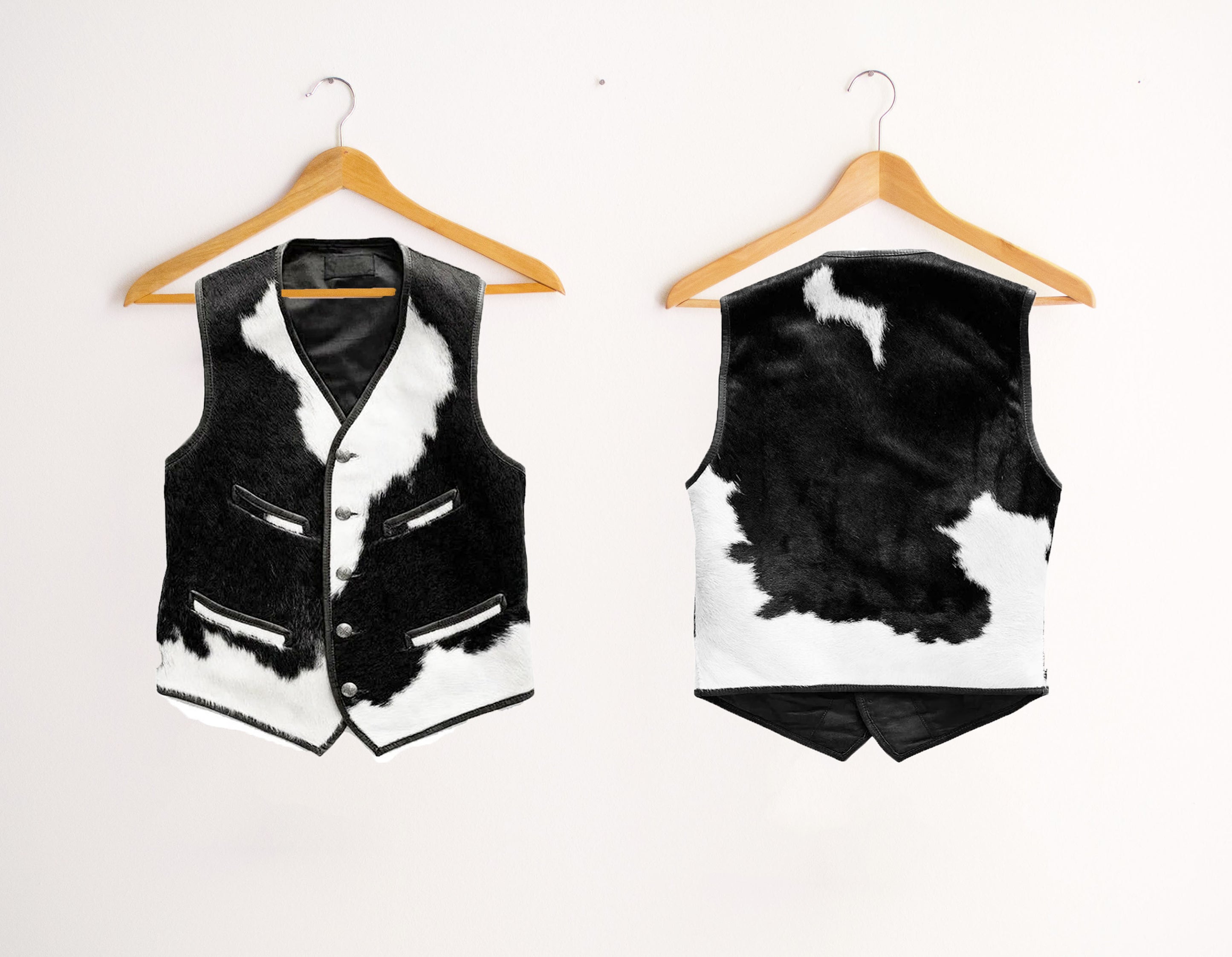 Mens Genuine Leather Vest Black Brown and White Vintage Western Vest