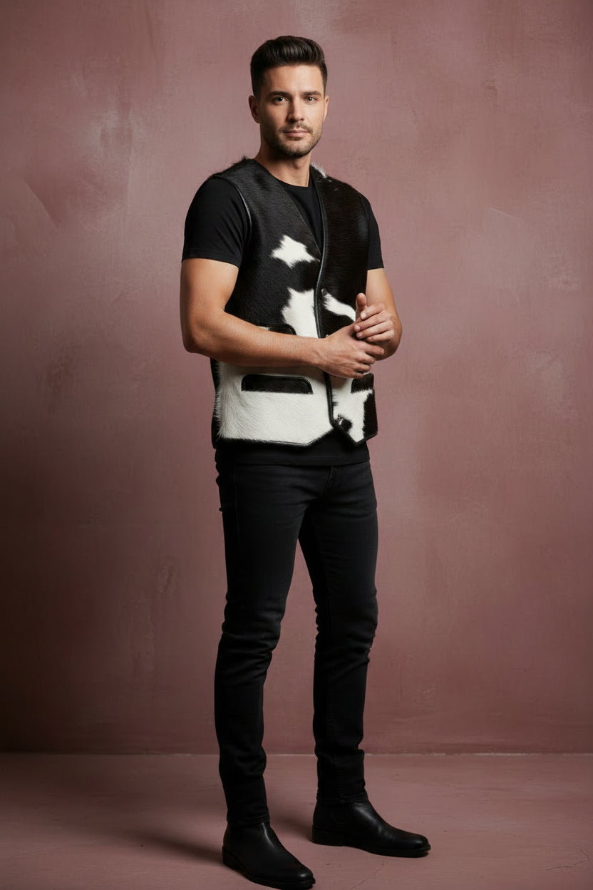 Black and white cowhide vest on a hanger with a visible brand logo.