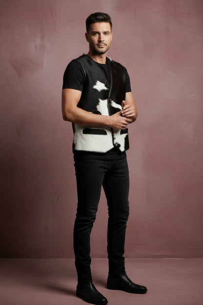 Black and white cowhide vest on a hanger with a visible brand logo.