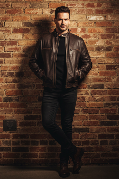a person wearing Mark Wahlberg Contraband Brown Leather Jacket, standign against a vintage wall