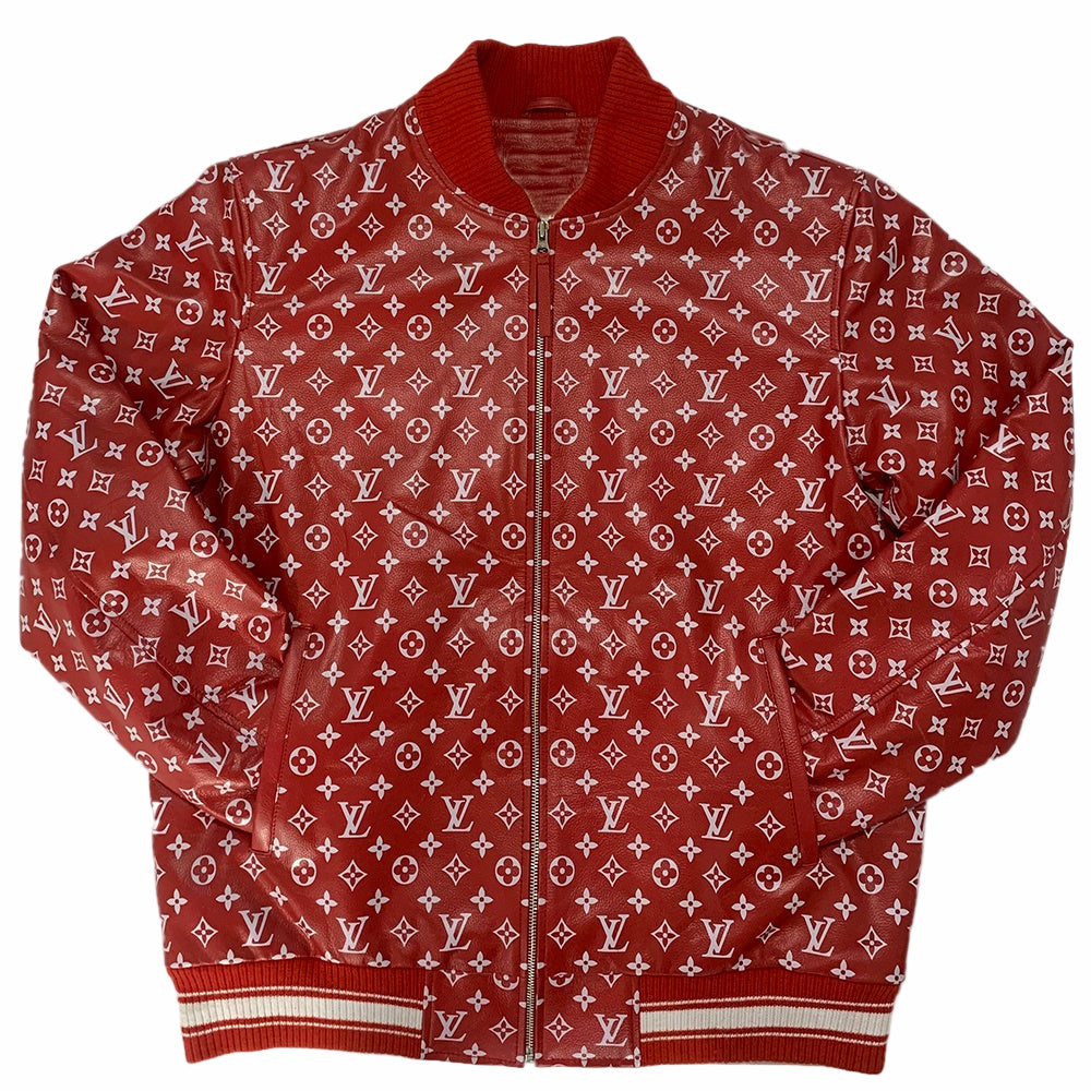 mens red bomber jacket with designer monogrammed pattern on a white background