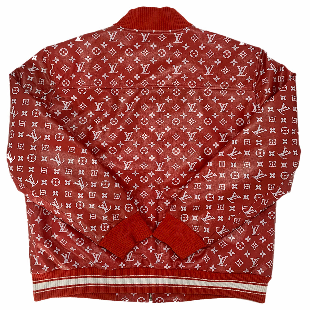  red bomber leather jacket mens with monogrammed pattern on a white background