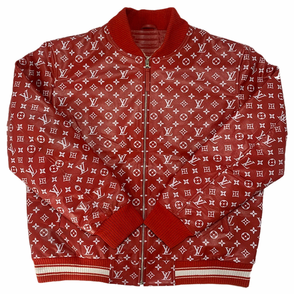 Red jacket mens with designer monogrammed pattern on a white background