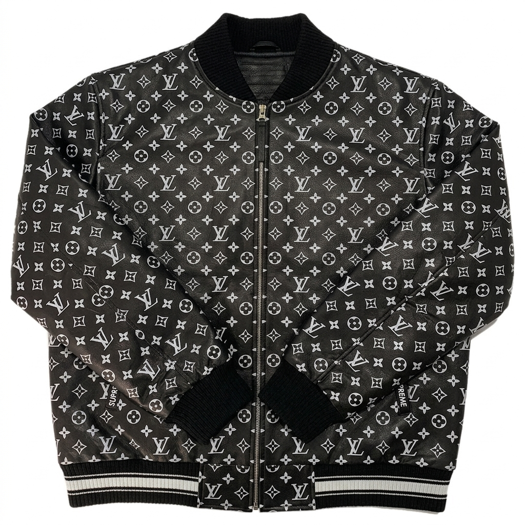 Black bomber jacket with white designer monogram pattern on a white background