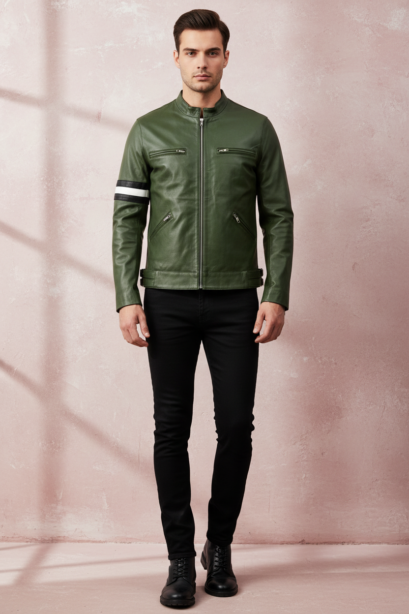 a man wearing an olive green cafe race biker leather jacket , dirk gently with a black pants, standing against a light maroon textured wall
