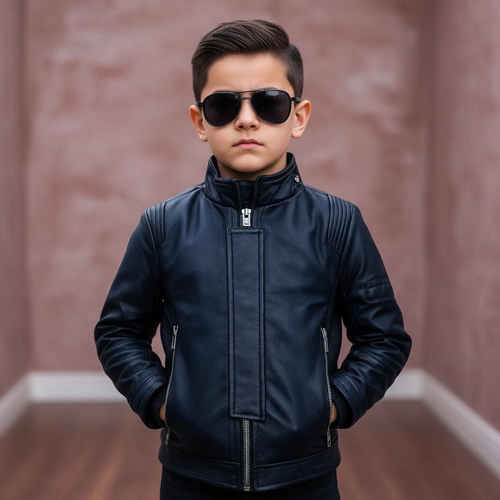 Child wearing a dark blue jacket and sunglasses on a blurred background