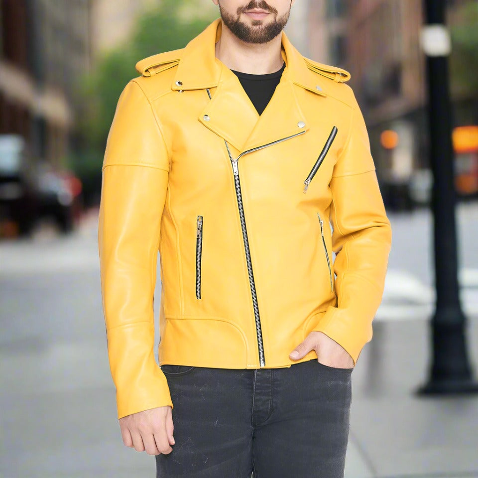 men's leather jacket yellow motorcycle jacket men genuine leather jacket men 