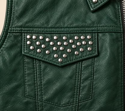 Men's Green Studded Biker Leather Vest