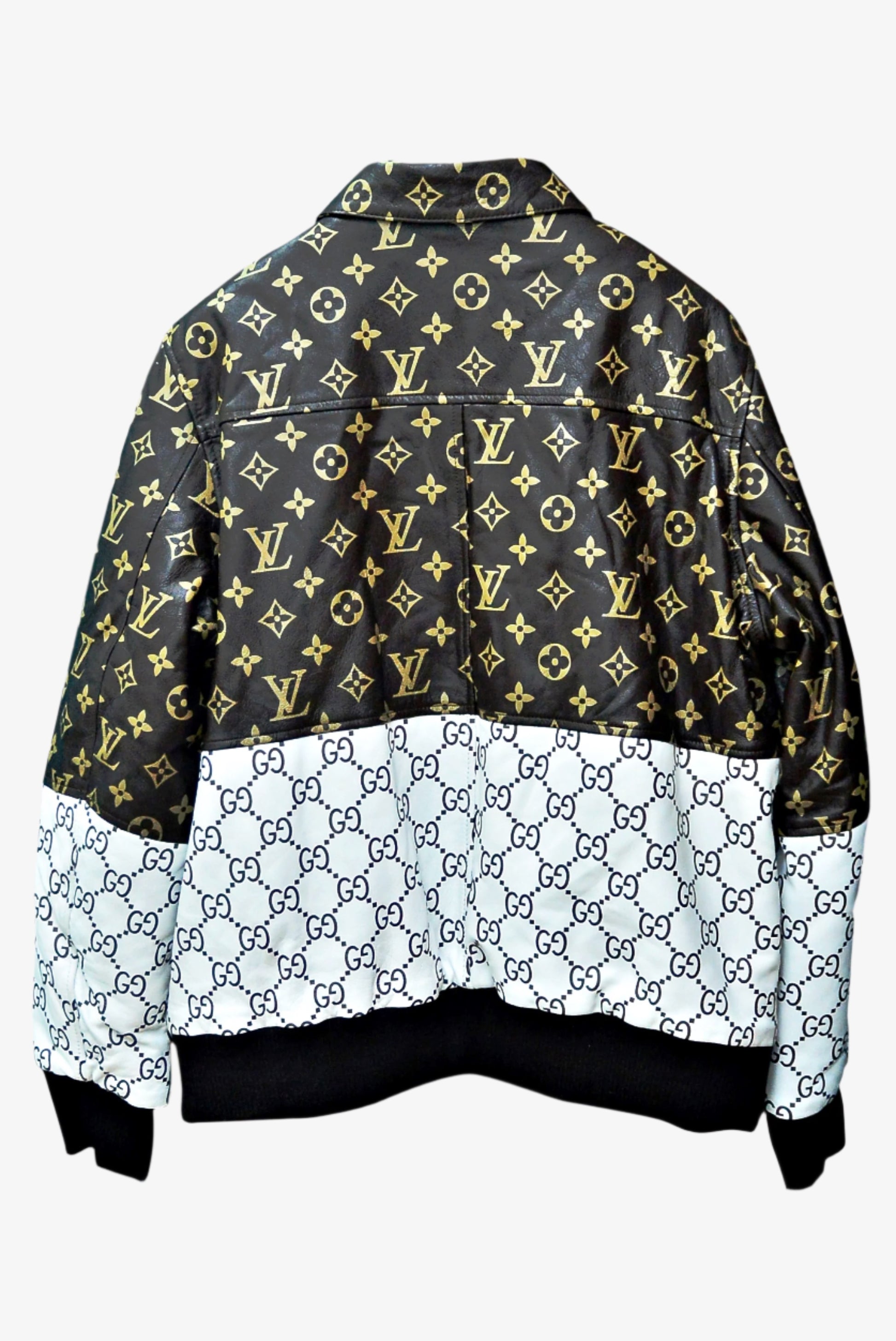 BLACK  HIPHOP ARTIST WEARING -BROWN LV WHITE GUCCI - BOMBER LEATHER JACKET 