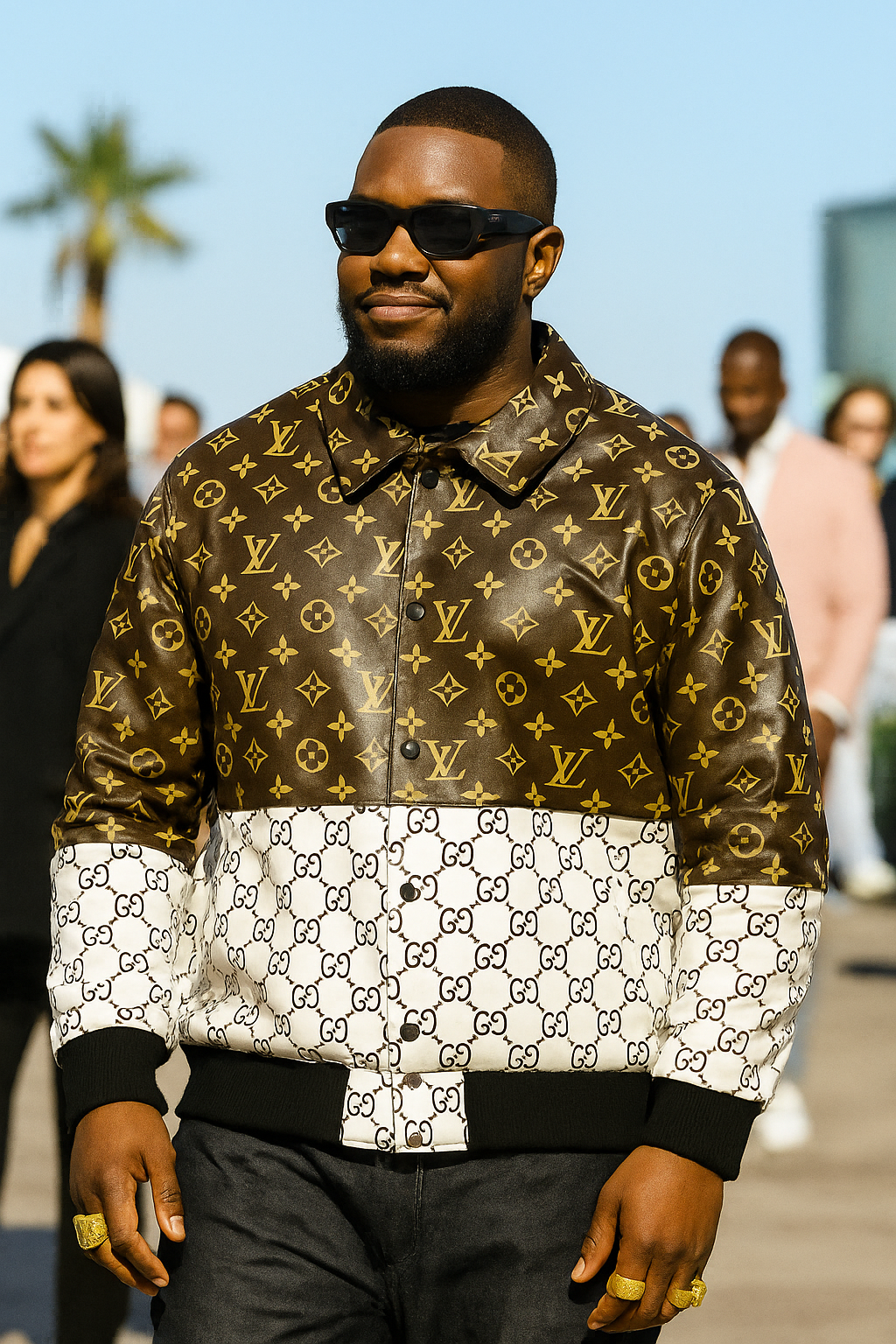 BLACK  HIPHOP ARTIST WEARING -BROWN LV WHITE GUCCI - BOMBER LEATHER JACKET AT A FASHION EVENT