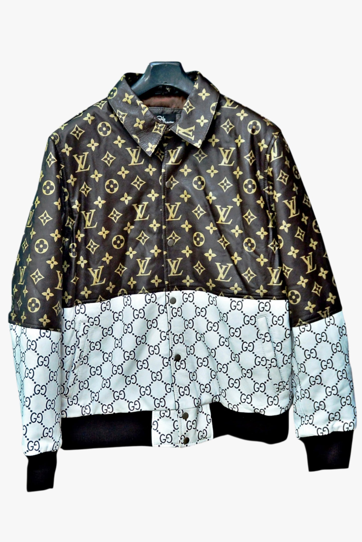 BLACK  HIPHOP ARTIST WEARING -BROWN LV WHITE GUCCI - BOMBER LEATHER JACKET 