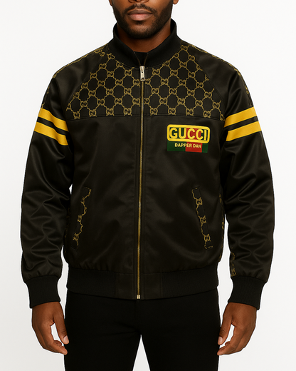 Black Gucci jacket with yellow accents on a white background
