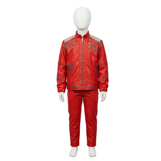 KID'S MJ Beat it red leather jacket and pants on a kid mannequin  