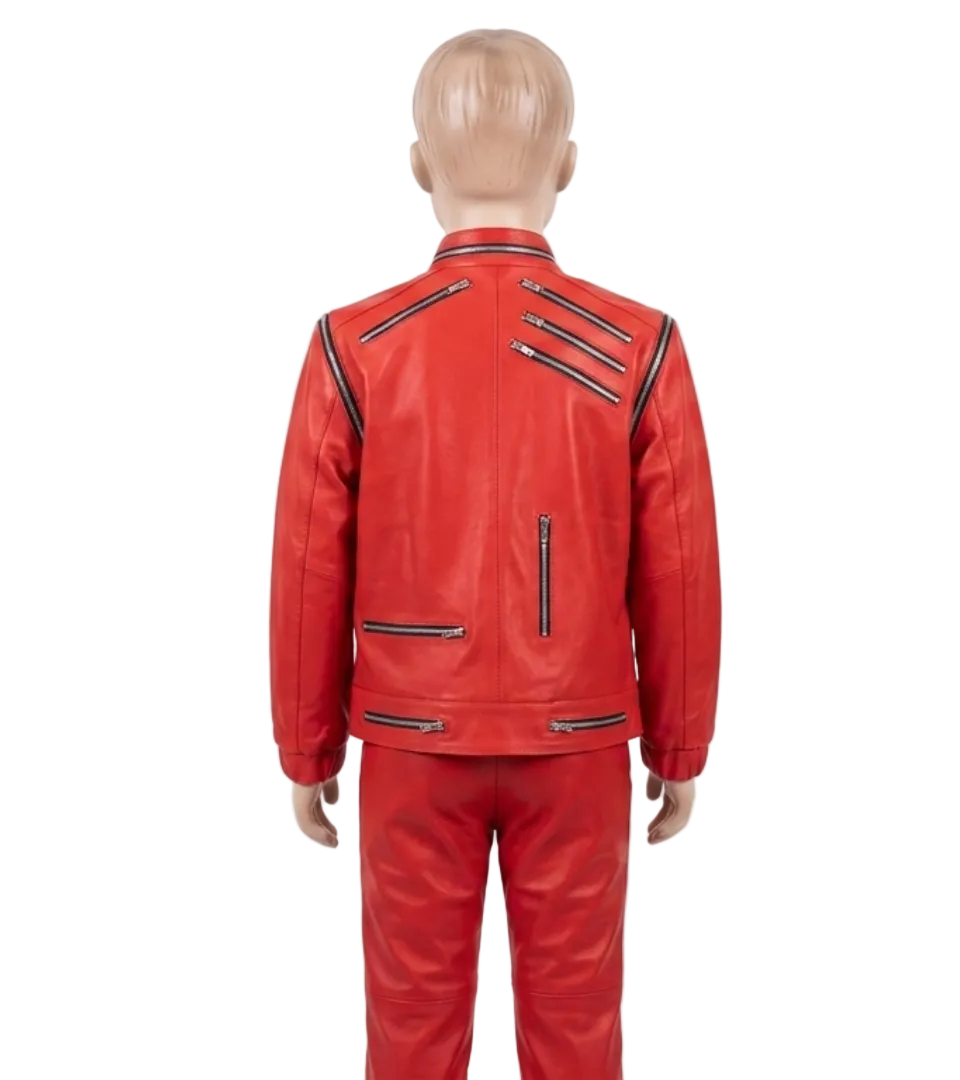 Kids MJ beat it red leather jacket and pants set back side picture on a mannequin