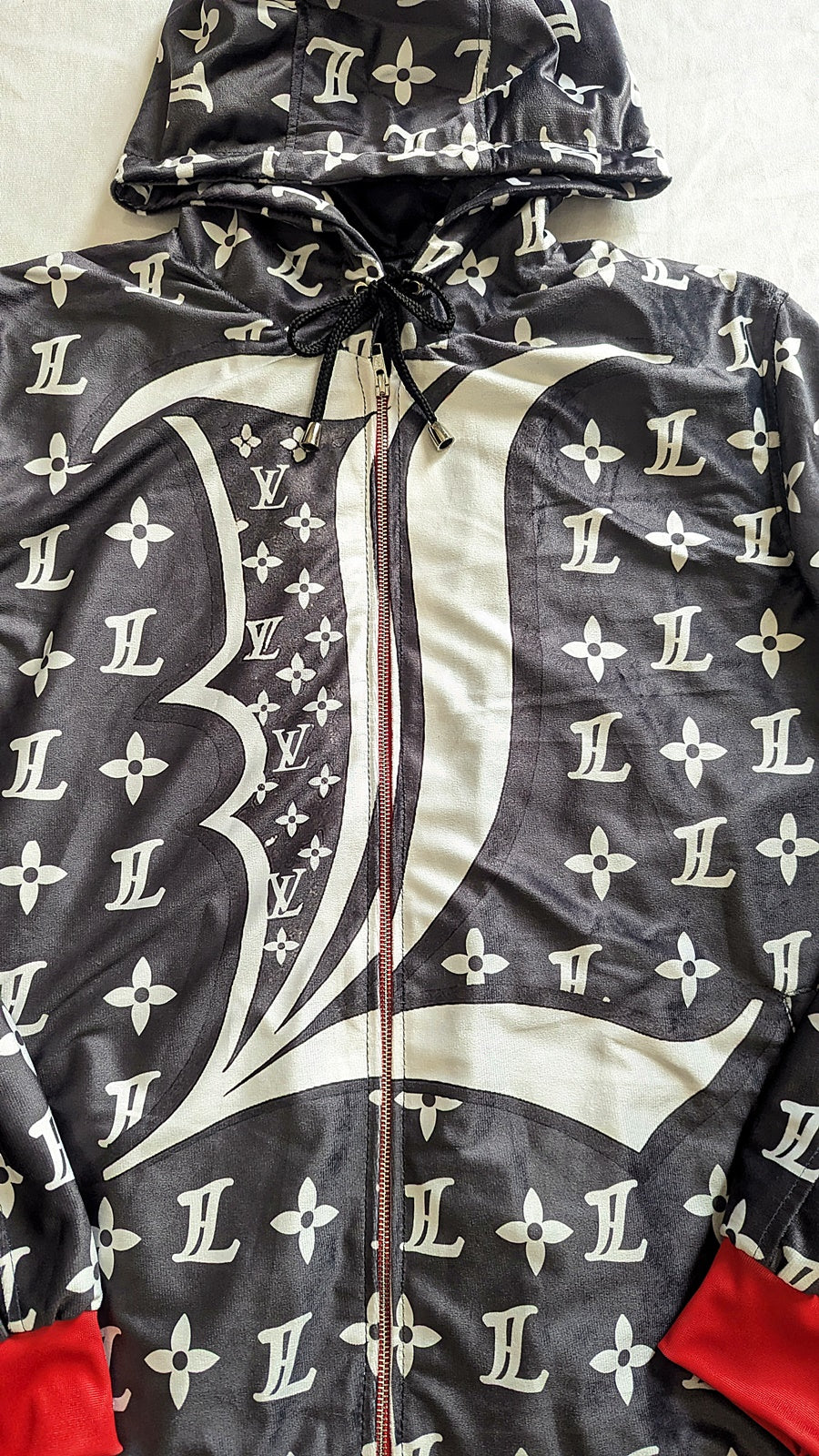 Designer hoodie with LV logo and pattern in high quality velour material
