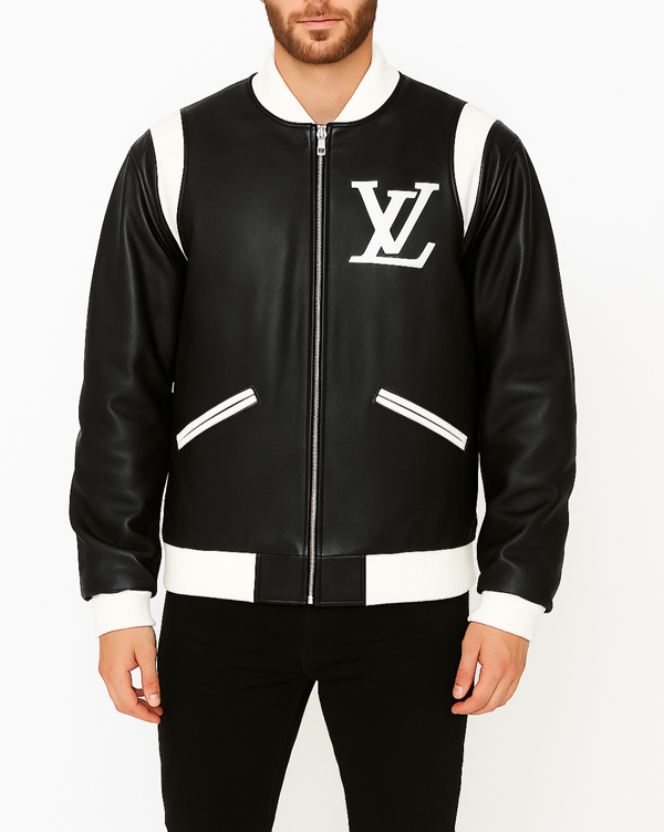 Man wearing a Louis Vuitton black leather bomber jacket with a white logo on a white background