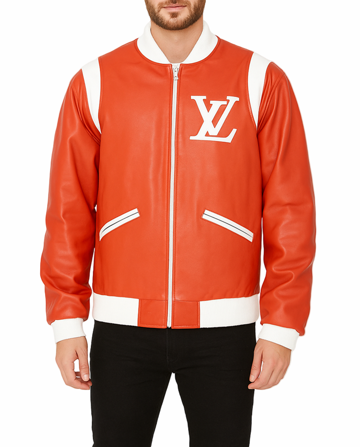 man wearing Louis Vuitton orange bomber jacket with black jeans. 