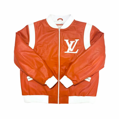 Louis Vuitton orange bomber jacket with white accents on shoulders, white cuffs, collar and hem. White LV logo on left front chest 