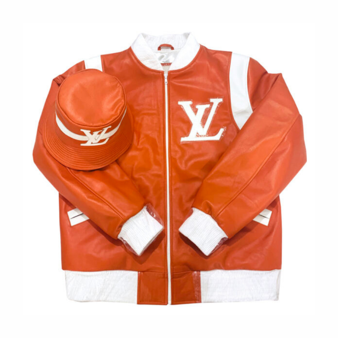 Louis Vuitton orange bomber jacket with white accents on shoulders, white cuffs, collar and hem. White LV logo on left front chest. Also in the picture is orange bucket hat with white LV logo and white stripe.
