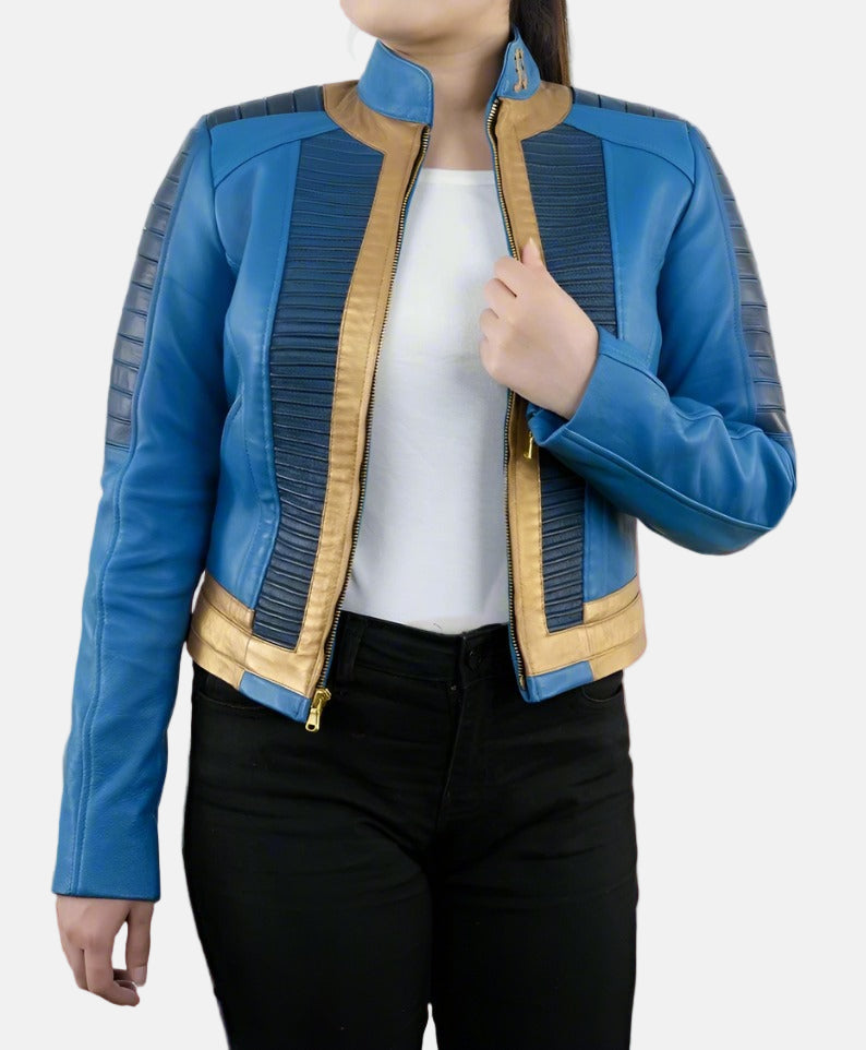 fallout jacket women cosplay leather jacket women blue leather jacket women biker leather jacket women vault leather jacket women