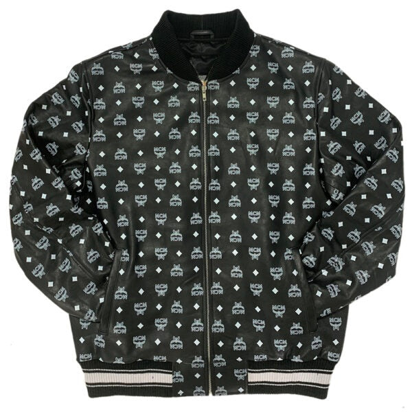 black MCM printed leather bomber jacket with black knitted details on collar, cuffs and hem