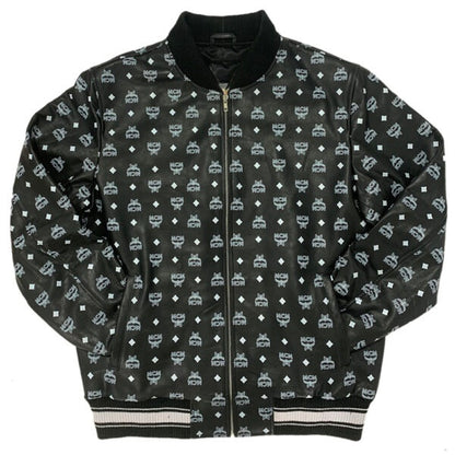 black MCM printed leather bomber jacket with black knitted details on collar, cuffs and hem