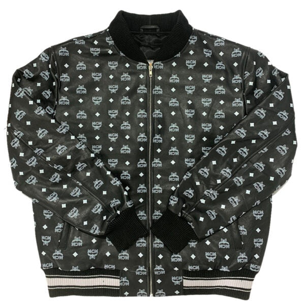 black MCM printed leather bomber jacket with black knitted details on collar, cuffs and hem