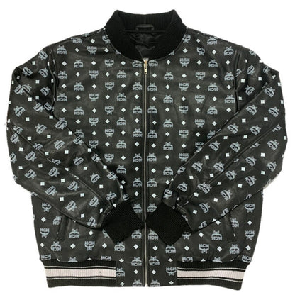 black MCM printed leather bomber jacket with black knitted details on collar, cuffs and hem