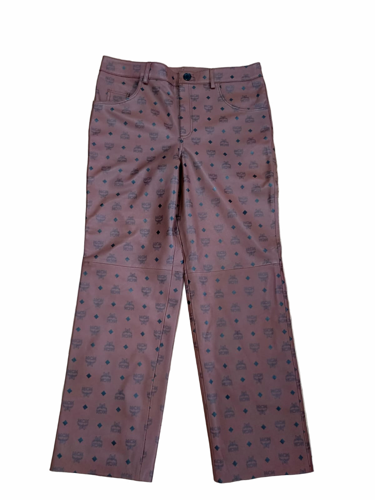 MCM Monogram Leather Pants flat lay on white background