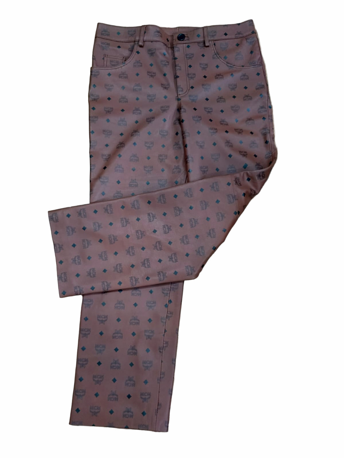 MCM Monogram Leather Pants flat lay front pocket details on white background