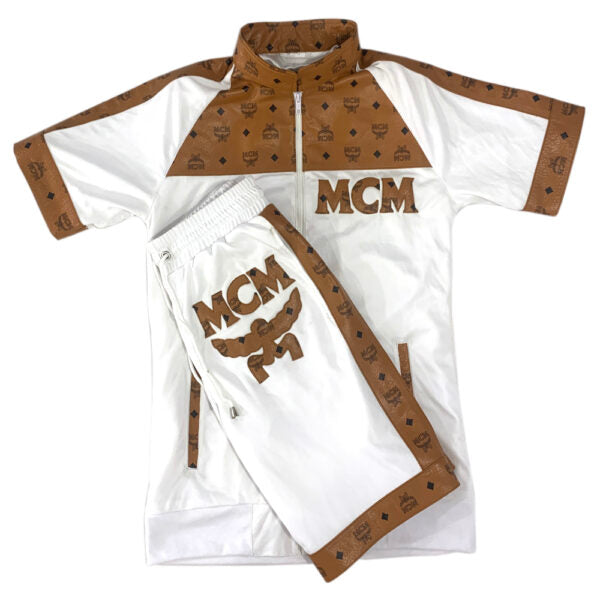White jacket with brown accents and 'MCM' branding on a white background