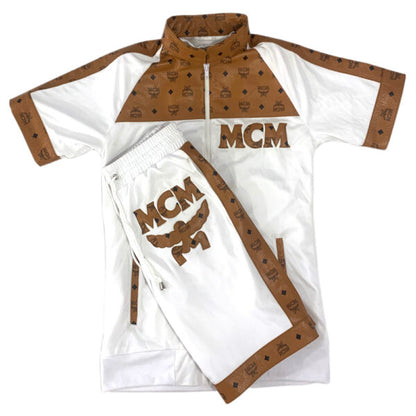 White jacket with brown accents and 'MCM' branding on a white background