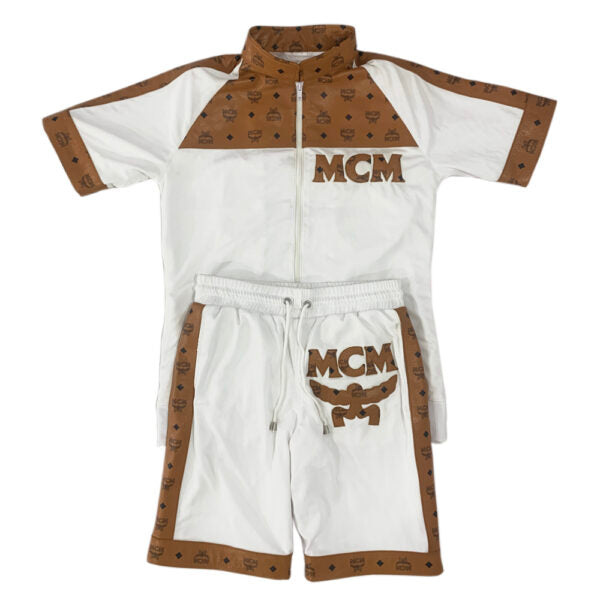White and brown tracksuit with 'MCM' branding on a white background