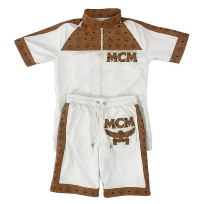 White and brown tracksuit with 'MCM' branding on a white background
