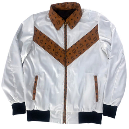 MCM White jacket with brown and black patterned accents on a white background
