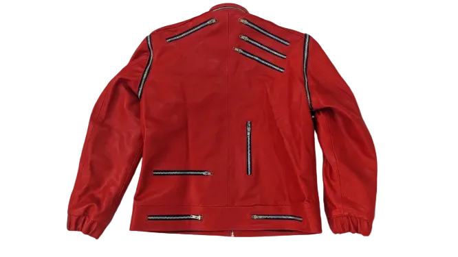 MJ beat it Red leather jacket with zippers on a white background