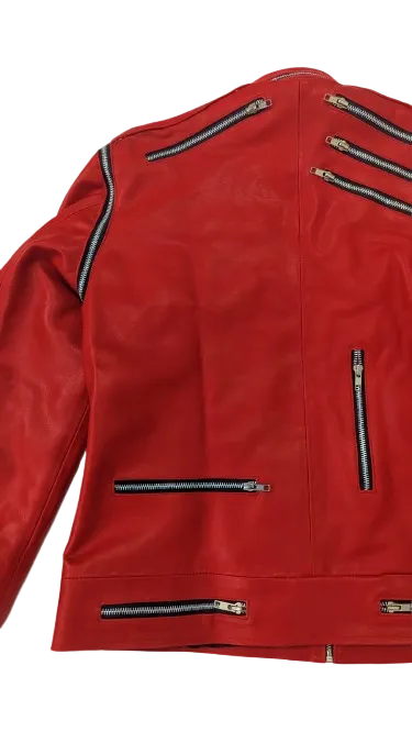 MJ BEAT IT Red leather jacket with multiple zippers on a white background
