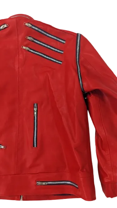 MJ BEAT IT Red leather jacket with zippers on a white background